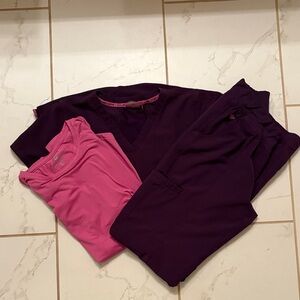 Med Couture Insight Deep Purple Scrub Set with Pink long sleeve undershirt